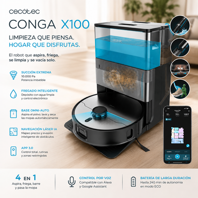 Cecotec Conga X100 – Robot Aspirador Inteligente 20.000 Pa con Base 4 en 1, IA y Cámara