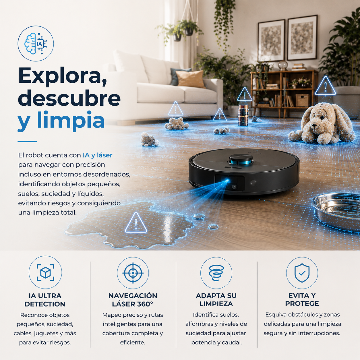 Cecotec Conga X100 – Robot Aspirador Inteligente 20.000 Pa con Base 4 en 1, IA y Cámara