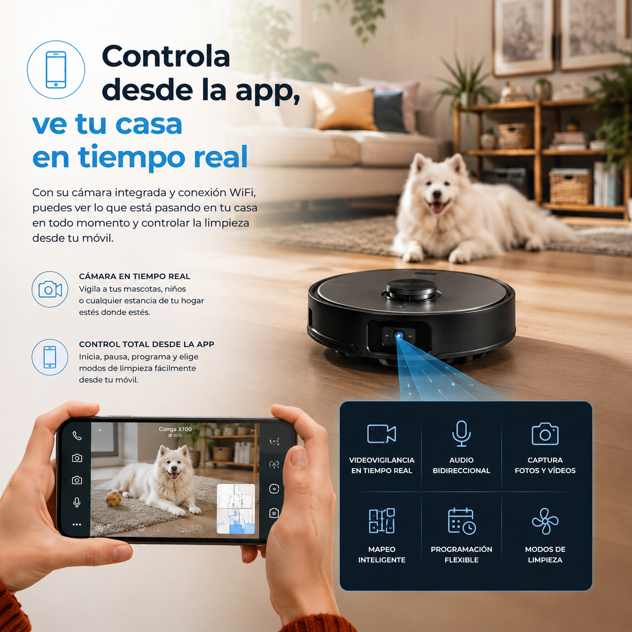 Cecotec Conga X100 – Robot Aspirador Inteligente 20.000 Pa con Base 4 en 1, IA y Cámara